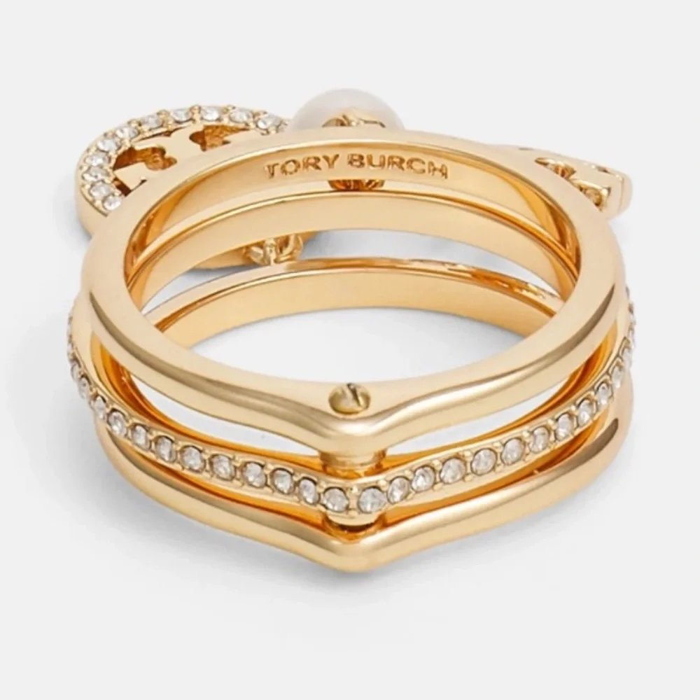 Tory Burch Miller Pave Charm Stack Ring Gold NWT $148